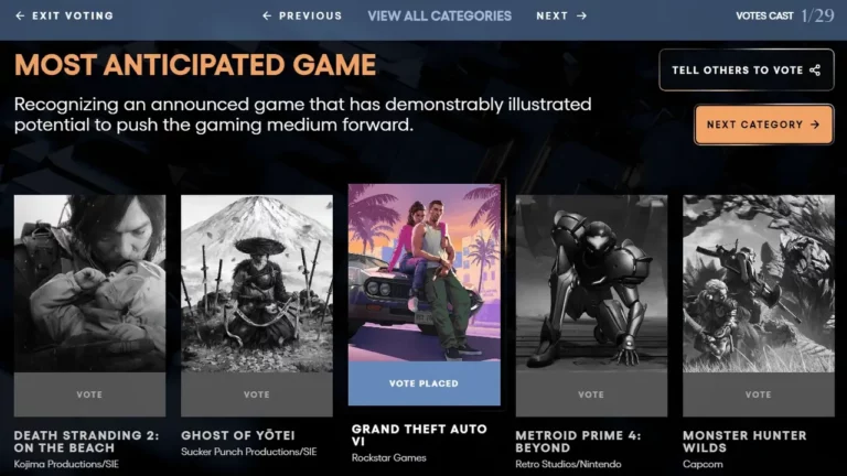 Voting page for GTA 6 on The Game Awards website.